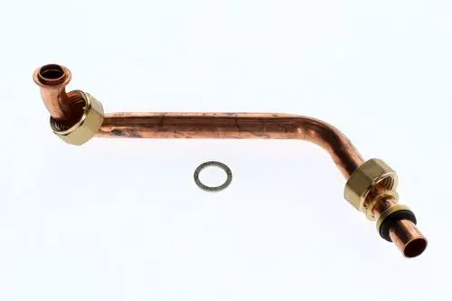 Verbindungsrohr aus Kupfer mit einer gebogenen Form und Befestigungselementen. Das Produkt stammt von Bosch und ist für Rohrverbindungen in Heizungs- oder Klimaanlagen vorgesehen.